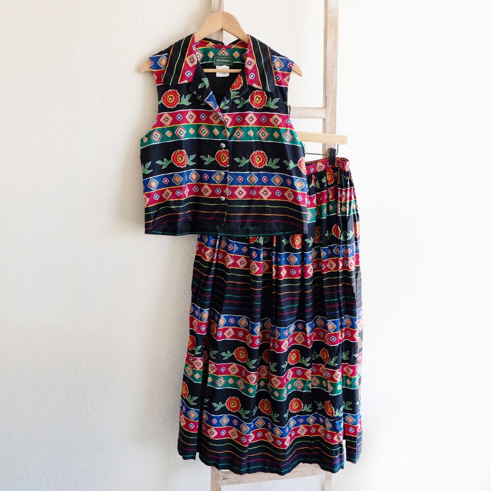 Vintage Willowbend 2-Piece Set Size L Made in USA 100% Cotton Boho Skirt & Vest